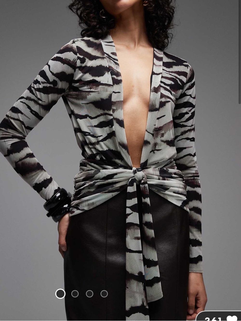 ASOS Zebra-Print Tie-Waist Long Sleeve Top in Black & Gray